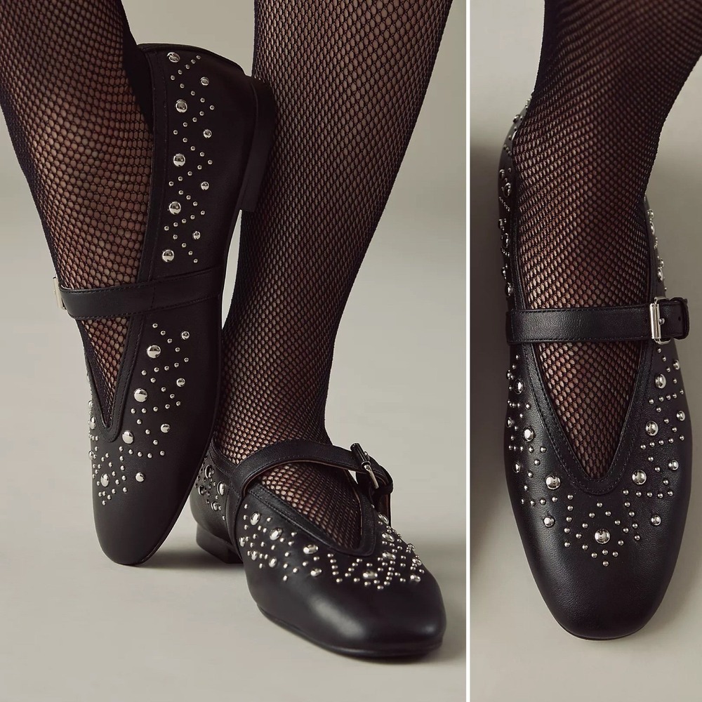 NIB Anthropologie Bibi Lou Studded Mary Jane Flats 9.5/40 Black‎ Leather Buckle